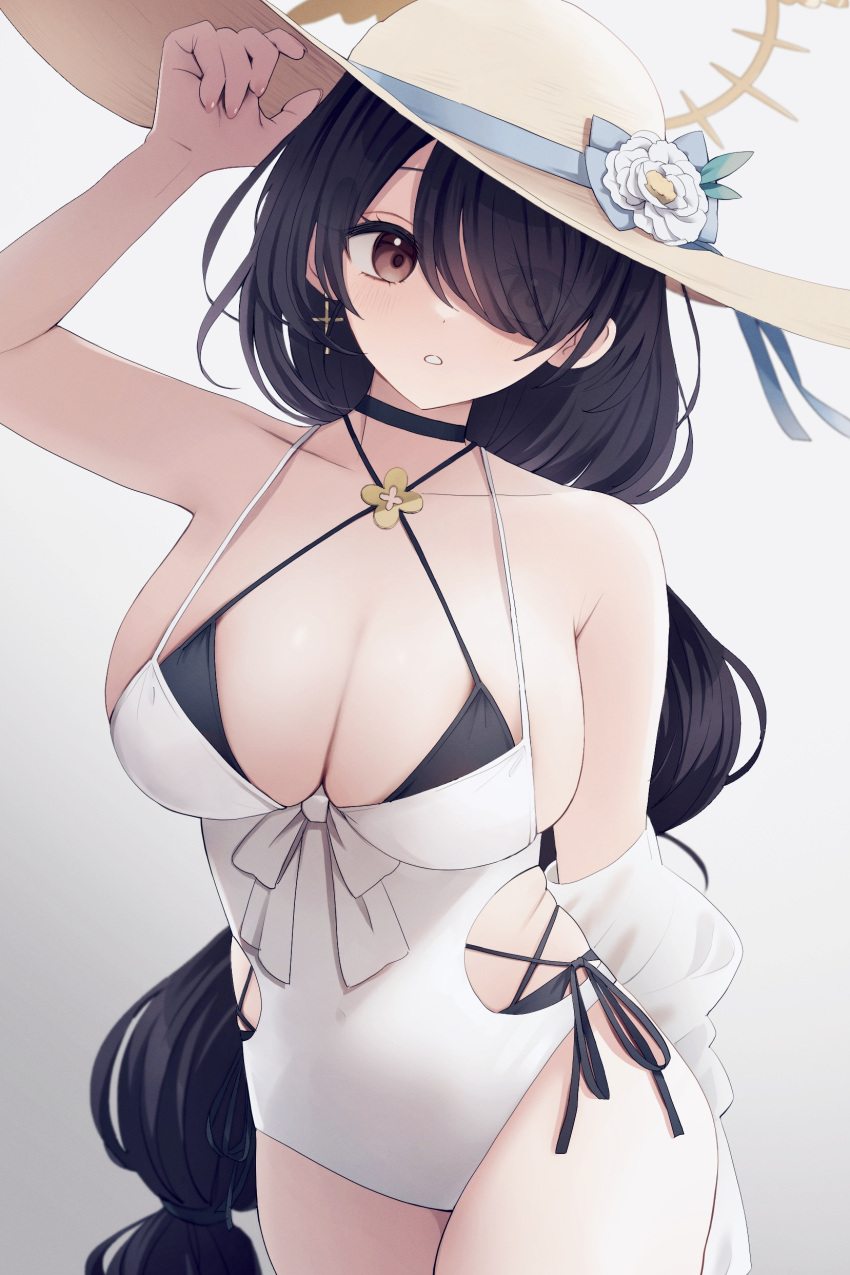1girl absurdres bikini black_bikini black_choker black_hair blue_archive breasts choker cleavage clothing_cutout collarbone covered_navel criss-cross_halter eyes_visible_through_hair hair_over_one_eye halo halterneck hat highres hinata_(blue_archive) hinata_(swimsuit)_(blue_archive) kinukinu_otofu large_breasts long_hair looking_at_viewer low-tied_long_hair official_alternate_costume one-piece_swimsuit side-tie_bikini_bottom side_cutout simple_background skindentation solo straw_hat swimsuit very_long_hair white_one-piece_swimsuit