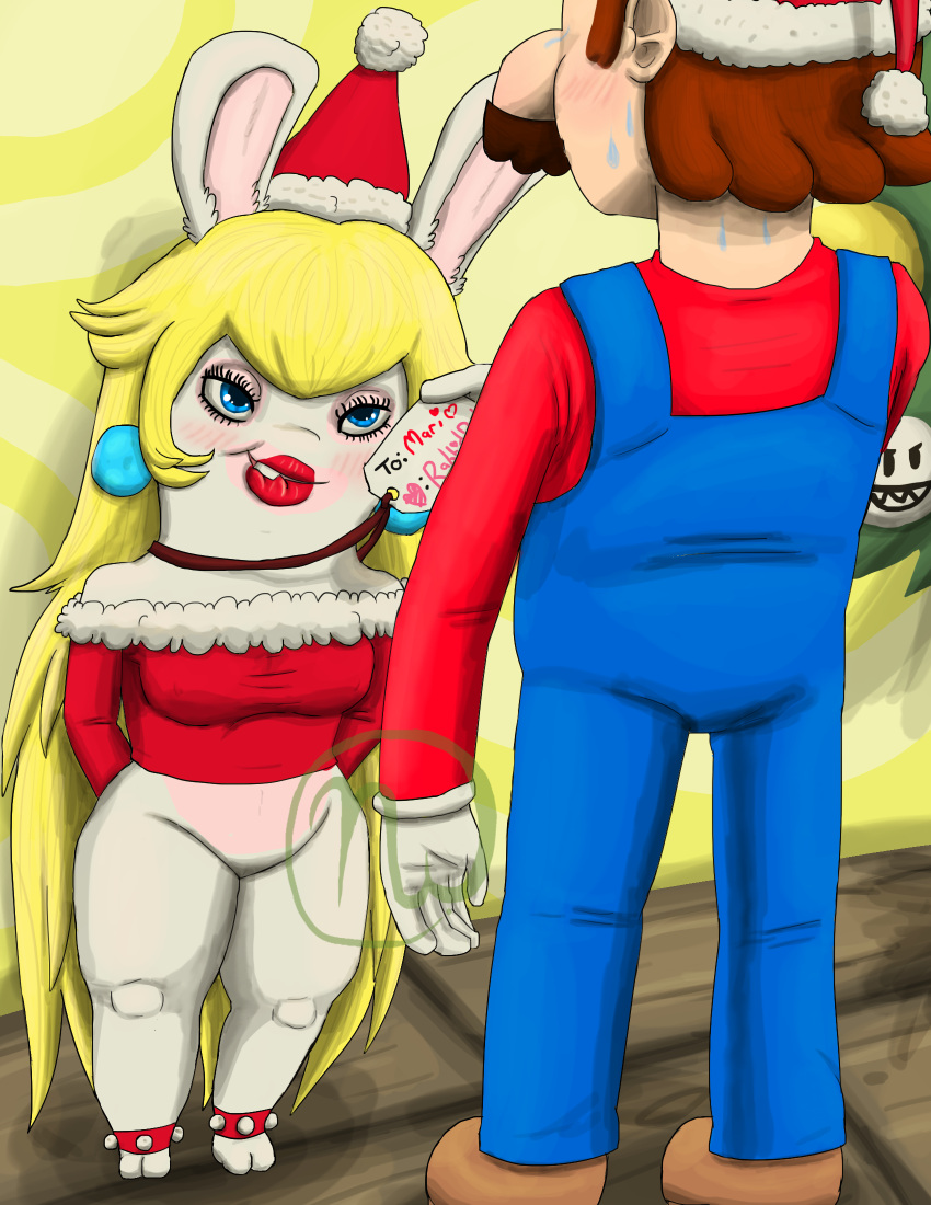 &lt;3 2018 2_toes anklet anthro artist_logo big_nose bite biting_lip blonde_hair blue_clothing blue_eyes blue_overalls blush bodily_fluids breasts brown_clothing brown_footwear brown_hair brown_shoes buckteeth christmas christmas_clothing christmas_headwear christmas_tree clothing crossover digital_drawing_(artwork) digital_media_(artwork) duo ear_piercing eyelashes facial_hair featureless_crotch feet female floor footwear fur gloves hair handwear hat headgear headwear hi_res holidays human inside interspecies jewelry lagomorph larger_male lips lipstick logo long_ears long_hair looking_at_another makeup male male/female mammal mario mario_bros mario_plus_rabbids_kingdom_battle mustache necklace nintendo noseless ornament overalls pantsless pantsless_anthro piercing plant rabbid rabbid_peach raving_rabbids rayman_(series) red_anklet red_clothing red_hat red_headwear red_lips red_lipstick red_shirt red_topwear santa_hat shirt shoes short_stack size_difference skywater smaller_female standing sweat sweatdrop tag tan_body tan_skin teeth text thick_thighs toes topwear tree ubisoft wall_(structure) white_body white_fur wide_hips wood wood_floor