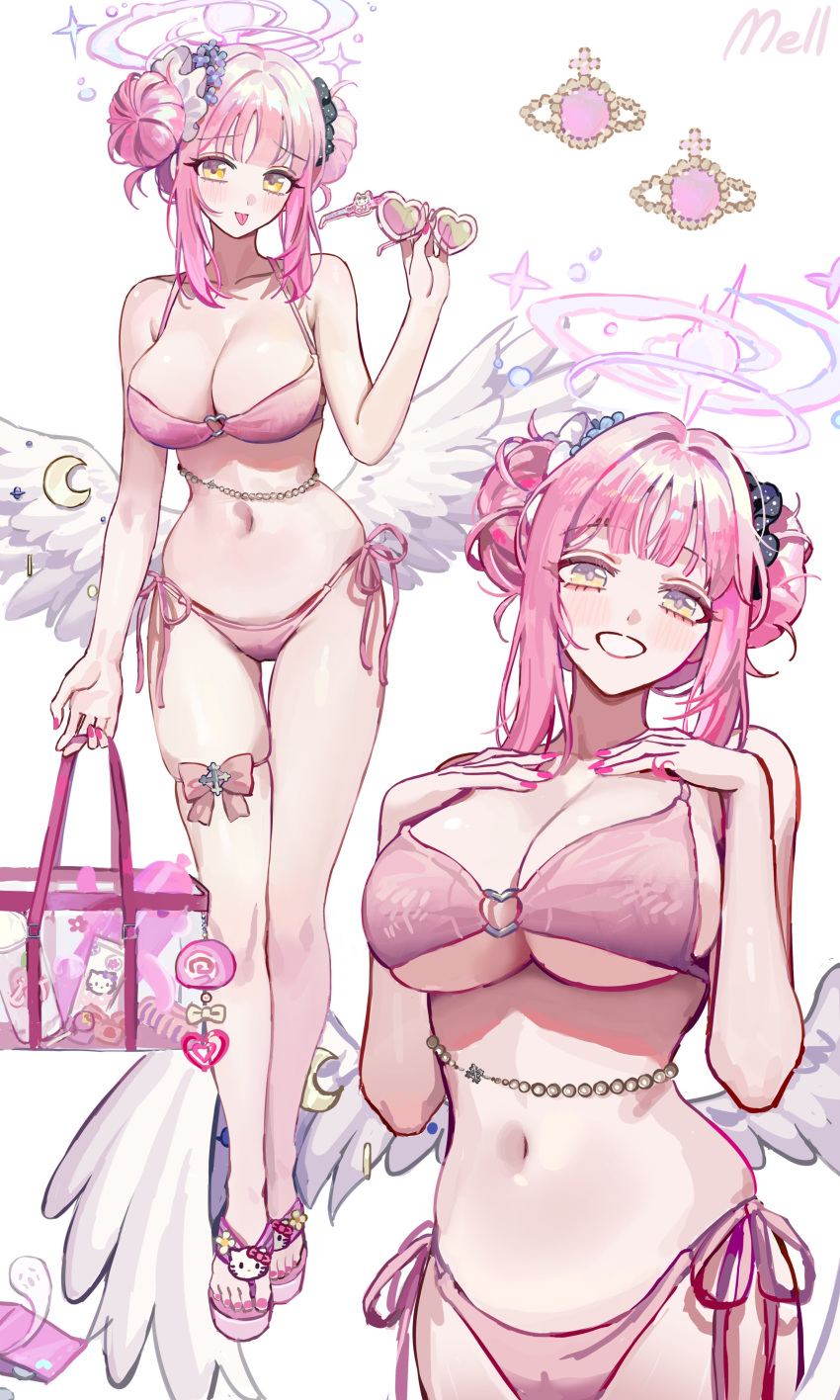 1girl absurdres angel_wings bag bag_charm bikini blue_archive breasts charm_(object) feathered_wings frilled_ribbon frills gun hair_bun halo handbag hello_kitty highres jewelry lanchester_smg large_breasts low_wings mell_(dmwe3537) mika_(blue_archive) multiple_views o-ring o-ring_thigh_strap pink_bikini pink_hair pink_halo ribbon sanrio submachine_gun swimsuit thigh_strap thighs weapon white_wings wing_ornament wings
