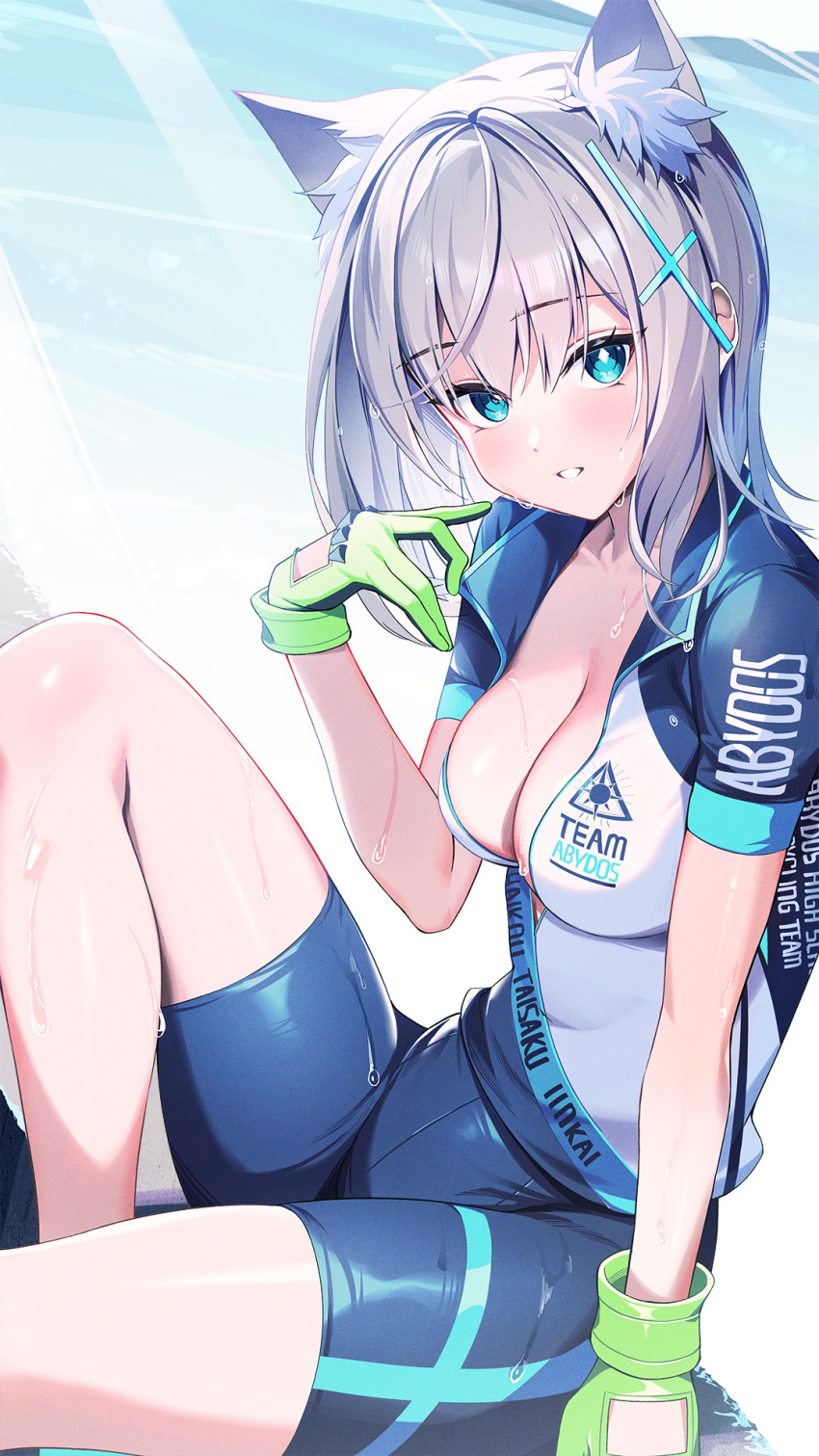 1girl animal_ear_fluff animal_ears biker_clothes bikesuit blue_archive blue_eyes bodysuit breasts cleavage cross_hair_ornament gloves green_gloves grey_hair hair_ornament hand_up highres kainown looking_at_viewer medium_breasts mismatched_pupils official_alternate_costume parted_lips shiroko_(blue_archive) shiroko_(cycling)_(blue_archive) sitting skin_tight solo sweat thighs wolf_ears