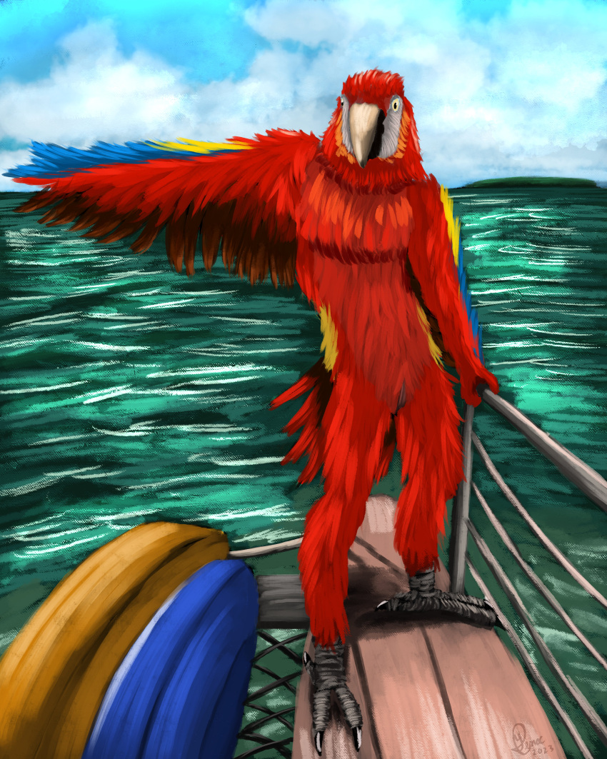 absurd_res anthro avian beak bird birdtember boat cloud colorful_feathers feathers hi_res island macaw male neotropical_parrot nude outside parrot red_body red_feathers sea seascape sky solo spread_wings standing surfboard true_parrot vehicle water watercraft wings yenocwolf