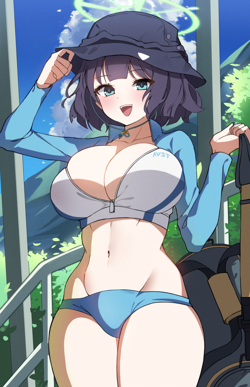 1girl :d absurdres arm_up bag bikini bikini_bottom_only black_headwear blue_archive blue_eyes blue_sky blush breasts bucket_hat cleavage cloud collarbone commentary cowboy_shot day green_halo groin halo hat highres holding holding_bag large_breasts long_sleeves looking_at_viewer naseul_777 navel official_alternate_costume open_mouth outdoors purple_hair rash_guard saki_(blue_archive) saki_(swimsuit)_(blue_archive) short_hair sky smile solo stomach swimsuit teeth thighs unzipped upper_teeth_only