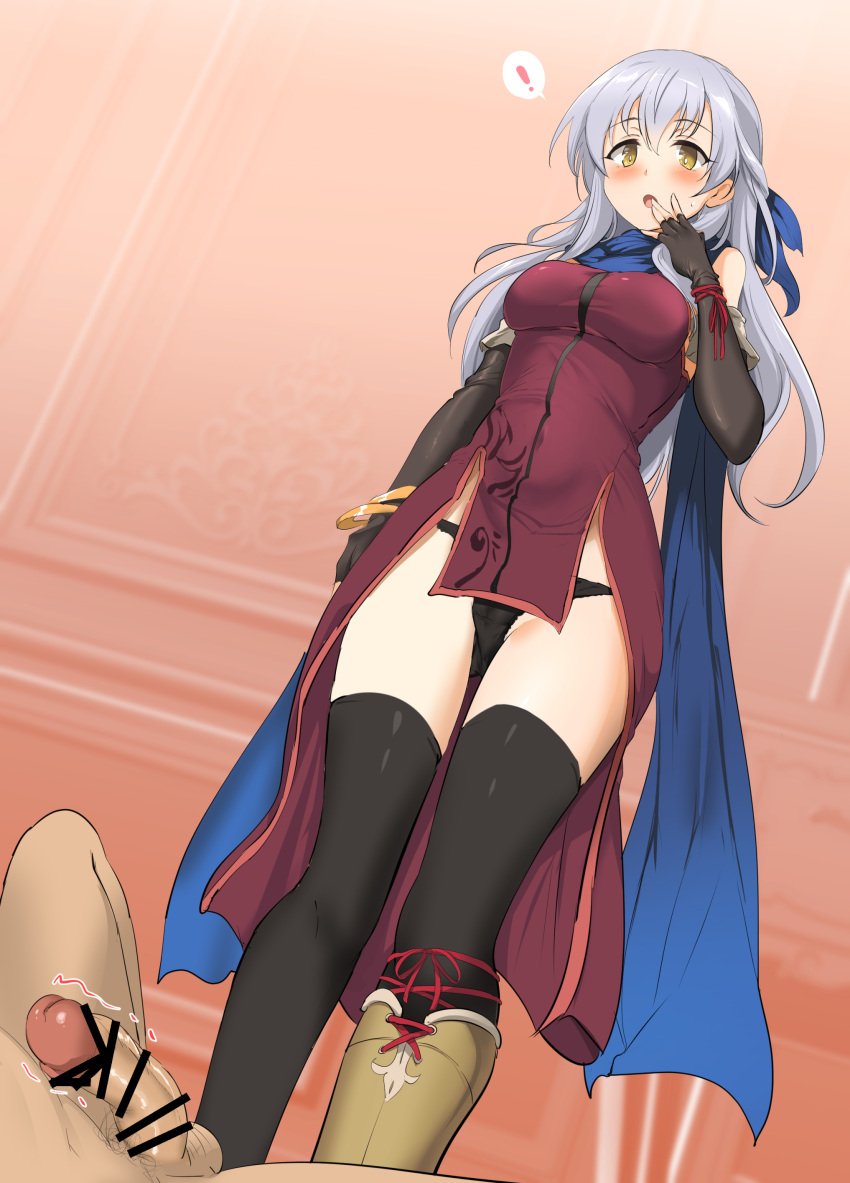 1boy 1girl absurdres bar_censor black_gloves black_thighhighs blue_scarf boots breasts censored commission elbow_gloves erection fingerless_gloves fire_emblem fire_emblem:_radiant_dawn gloves grey_hair hair_ornament hetero highres long_hair micaiah_(fire_emblem) momio open_mouth panties penis scarf skeb_commission smile solo_focus standing testicles thighhighs underwear white_panties yellow_eyes