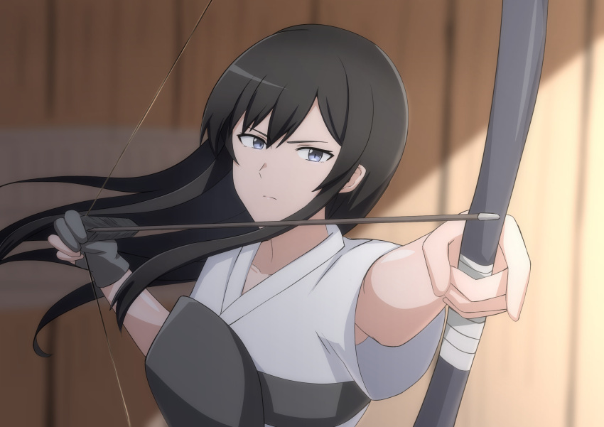 1girl archery arrow_(projectile) black_hair blue_eyes bow_(weapon) breasts closed_mouth commentary drawing_bow frown gloves hall_onon highres holding holding_bow_(weapon) holding_weapon incoming_attack japanese_clothes kuonji_yui_(hall_onon) long_bangs long_hair looking_at_viewer original shirt single_glove solo weapon white_shirt