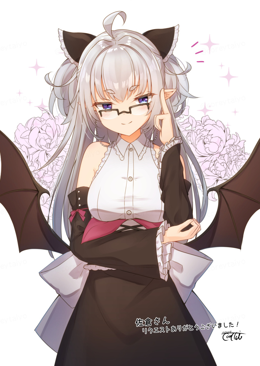1girl ahoge bare_shoulders black-framed_eyewear black_skirt black_sleeves blush breasts brown_wings closed_mouth collared_shirt commentary_request coreytaiyo dated detached_sleeves dress_shirt floral_background frilled_sleeves frills glasses grey_hair hand_up highres long_hair long_sleeves low_wings medium_breasts original over-rim_eyewear pointy_ears purple_eyes semi-rimless_eyewear shirt short_eyebrows signature simple_background skirt sleeveless sleeveless_shirt sleeves_past_wrists smile solo sparkle thick_eyebrows translation_request two_side_up very_long_hair white_background white_shirt wings