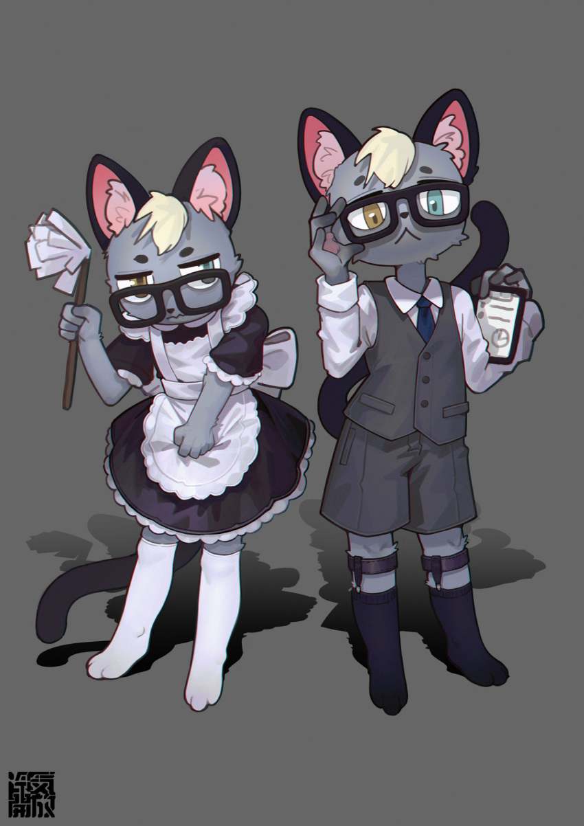 adjusting_glasses animal_crossing anthro blonde_hair blue_eyes clipboard clothing domestic_cat duo eyewear felid feline felis fur glasses glasses_askew grey_body grey_fur hair heterochromia hi_res maid_uniform male mammal nintendo orange_eyes raymond_(animal_crossing) suit topwear uniform vest wii998