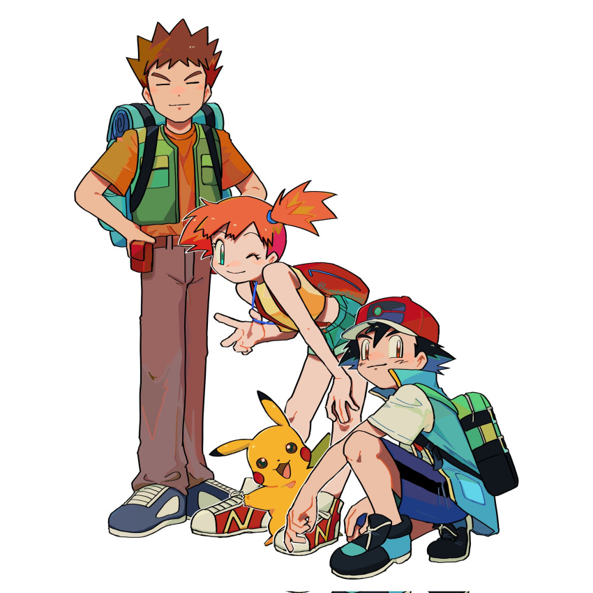 1girl 2boys ash_ketchum baseball_cap black_hair brock_(pokemon) brown_hair brown_pants hand_on_own_knee hat highres misty_(pokemon) multiple_boys one_eye_closed orange_hair pants pikachu pokemon pokemon_(anime) pokemon_(classic_anime) pokemon_(creature) pokemon_journeys shoes short_sleeves shorts smile umebosibakari2 v