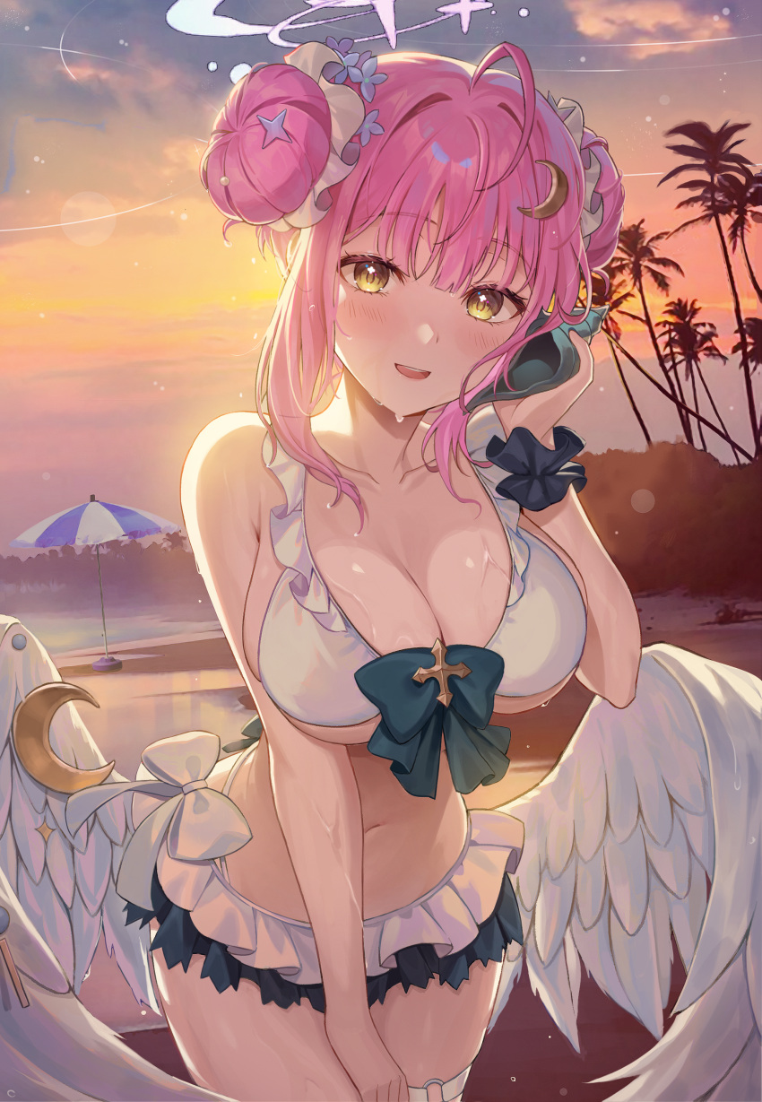 1girl absurdres ahoge bikini bikini_skirt blue_archive blush breasts cleavage collarbone double_bun feathered_wings hair_bun halo highres large_breasts looking_at_viewer mika_(blue_archive) mopinapiki navel outdoors parasol pink_hair scrunchie smile solo sunset sweatdrop swimsuit twilight umbrella white_bikini white_wings wings wrist_scrunchie