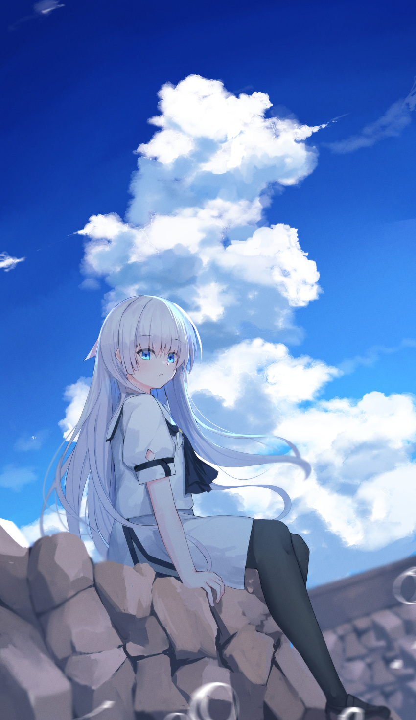 1girl absurdres ascot black_ascot black_pantyhose blue_eyes blunt_ends blurry closed_mouth cloud cloudy_sky commentary cumulonimbus_cloud day depth_of_field expressionless floating_hair from_side hair_between_eyes hair_ornament highres light_blush long_hair looking_at_viewer miniskirt naruse_shiroha nodoameyatou outdoors pantyhose puffy_short_sleeves puffy_sleeves school_uniform shirt short_sleeves sitting sitting_on_rock skirt sky solo summer_pockets very_long_hair white_hair white_shirt white_skirt wide_shot