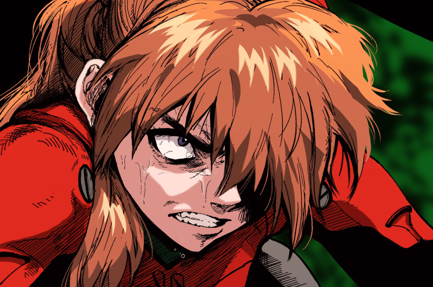 1girl blue_eyes bodysuit clenched_teeth constricted_pupils highres long_hair my_nameisyoon neon_genesis_evangelion open_mouth orange_hair plugsuit red_bodysuit solo souryuu_asuka_langley sweat teeth upper_body v-shaped_eyebrows