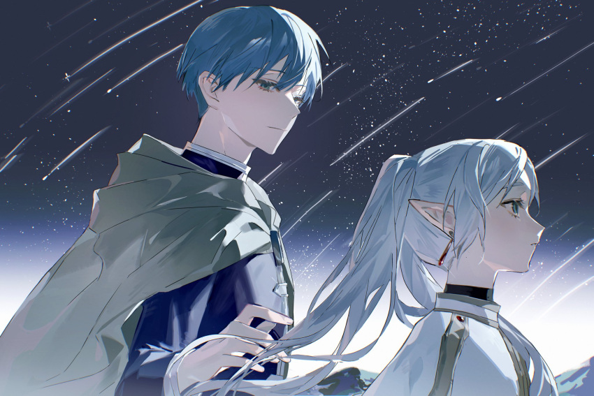 1boy 1girl blue_eyes blue_hair blue_tunic cape capelet cloak closed_mouth earrings elf frieren from_side hair_between_eyes highres himmel_(sousou_no_frieren) jewelry long_hair pointy_ears ponytail qing_yan_xia sharp_teeth short_hair sky sousou_no_frieren star_(sky) starry_sky teeth white_cape white_capelet white_cloak white_hair