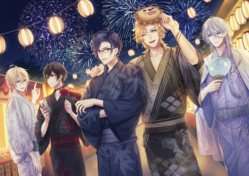 5boys :i ;d aerial_fireworks aqua_eyes arm_at_side ayn_(for_all_time) black_choker black_hair black_kimono black_sash blonde_hair blue_eyes blue_hair blue_kimono blue_sash bracelet candy_apple cape choker closed_mouth cowboy_shot crossed_arms dark_blue_hair earrings eating fireworks floral_print food food_stand for_all_time glasses green_eyes grey_hair hair_between_eyes hand_fan hand_on_another's_shoulder hand_on_mask highres holding holding_fan holding_food holding_phone ichi-be japanese_clothes jewelry kimono lantern leaf_print lily_print lion_mask long_hair long_sleeves looking_at_another looking_at_viewer low_ponytail luchen luo_xia male_focus mask mask_on_head medium_hair multiple_boys night one_eye_closed paper_fan paper_lantern parted_bangs parted_lips phone pointing print_kimono purple_eyes purple_kimono red_eyes red_sash rose_print sash short_hair si_lan smile standing summer_festival sweatdrop swept_bangs teeth uchiwa upper_teeth_only white_cape white_kimono wisteria_print yexuan yukata