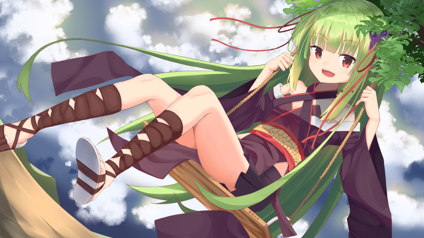 1girl :d absurdres bare_shoulders black_kimono black_skirt blunt_bangs blunt_ends breasts butterfly_hair_ornament cloud cloudy_sky commentary_request criss-cross_halter cross-laced_footwear day detached_sleeves eyelashes feet_out_of_frame green_hair hair_ornament hair_ribbon halterneck hands_up highres hime_cut japanese_clothes kimono leaf lingnerpoi long_hair long_ribbon long_sleeves looking_at_viewer miniskirt murasame_(senren) open_mouth outdoors pleated_skirt red_eyes red_ribbon ribbon sandals senren_banka sitting skirt sky small_breasts smile solo straight_hair swing teeth two_side_up upper_teeth_only very_long_hair wide_sleeves