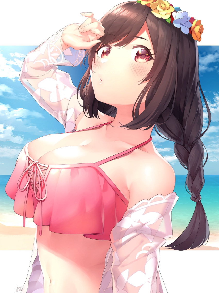 1girl artist_name bikini blush bow braid breasts brown_eyes brown_hair cleavage cloud cloudy_sky collarbone floral_print flower hair_flower hair_ornament hand_on_own_forehead highres idolmaster idolmaster_shiny_colors large_breasts long_hair looking_at_viewer ocean parted_lips pink_bikini rash_guard single_braid sky solo sunlight swept_bangs swimsuit tsukioka_kogane ubo_(ubo_tales) undressing