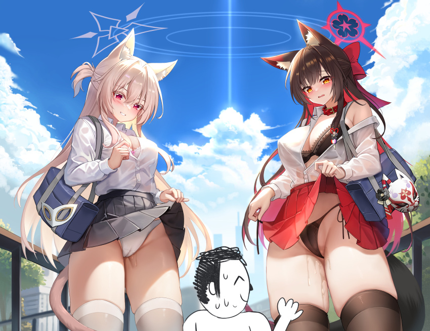 1boy 2girls absurdres akira_(blue_archive) animal_collar animal_ear_fluff animal_ears arona's_sensei_doodle_(blue_archive) bag black_bra black_hair black_panties black_skirt black_thighhighs blue_archive blush bra breasts buttons cameltoe cat_ears cat_tail cleavage clothes_lift cloud cloudy_sky collar collared_shirt colored_inner_hair cowboy_shot day fox_ears fox_tail grey_halo grin hair_between_eyes halo highres large_breasts lifted_by_self long_hair long_sleeves multicolored_hair multiple_girls open_mouth outdoors panties pleated_skirt red_eyes red_hair red_halo red_skirt school_bag sensei_(blue_archive) shirt skirt skirt_lift sky smile tail thighhighs tun_chicken underwear wakamo_(blue_archive) white_bra white_hair white_panties white_shirt white_thighhighs yellow_eyes