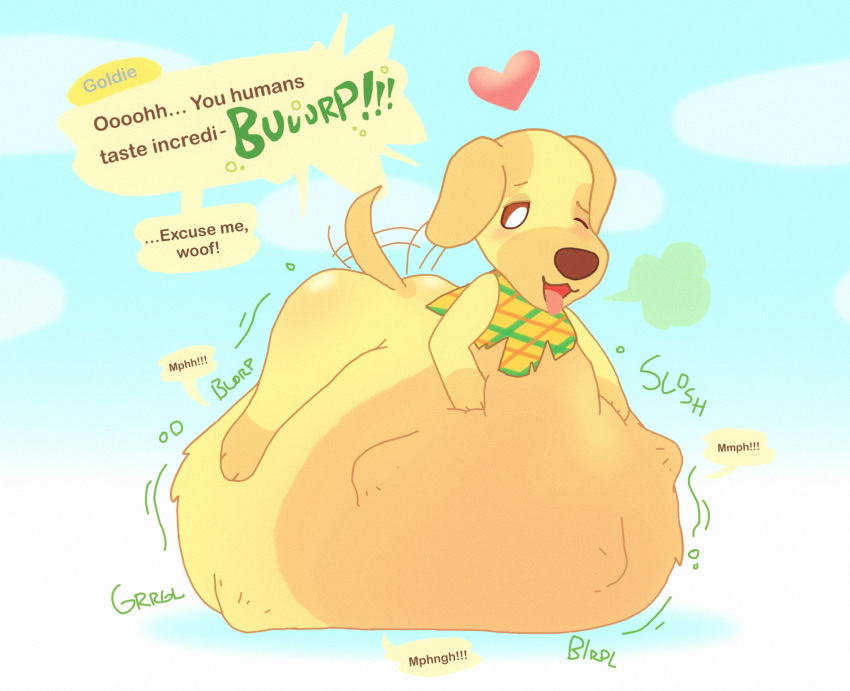 &lt;3 abdominal_bulge animal_crossing anthro belly belly_rub big_belly big_butt bird_dog bloated blush bodily_noises burping butt canid canine canis clothing dialogue dipstick_ears dipstick_tail domestic_dog female female_pred fur gas_cloud gloves_(marking) golden_retriever goldie_(animal_crossing) hi_res huge_belly humanoid hunting_dog labrador leg_markings looking_at_belly lying mammal markings muffled_speech multicolored_ears nintendo on_front one_eye_closed retriever rosy_cheeks rumbling_stomach satisfied satisfied_look simple_background smile socks_(marking) solo speech_bubble spots spotted_body spotted_fur spread_legs spreading starzsparklez stretch_marks tail tail_markings tail_motion tailwag tongue tongue_out topwear torn_clothing torn_topwear vore yellow_body yellow_fur