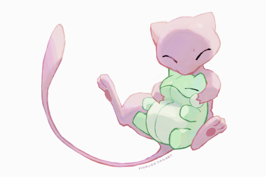 closed_eyes doll full_body highres holding holding_doll mew_(pokemon) mokuzou_(moku_ssbu) no_humans object_hug pokemon pokemon_(creature) signature simple_background stuffed_toy substitute_(pokemon) white_background