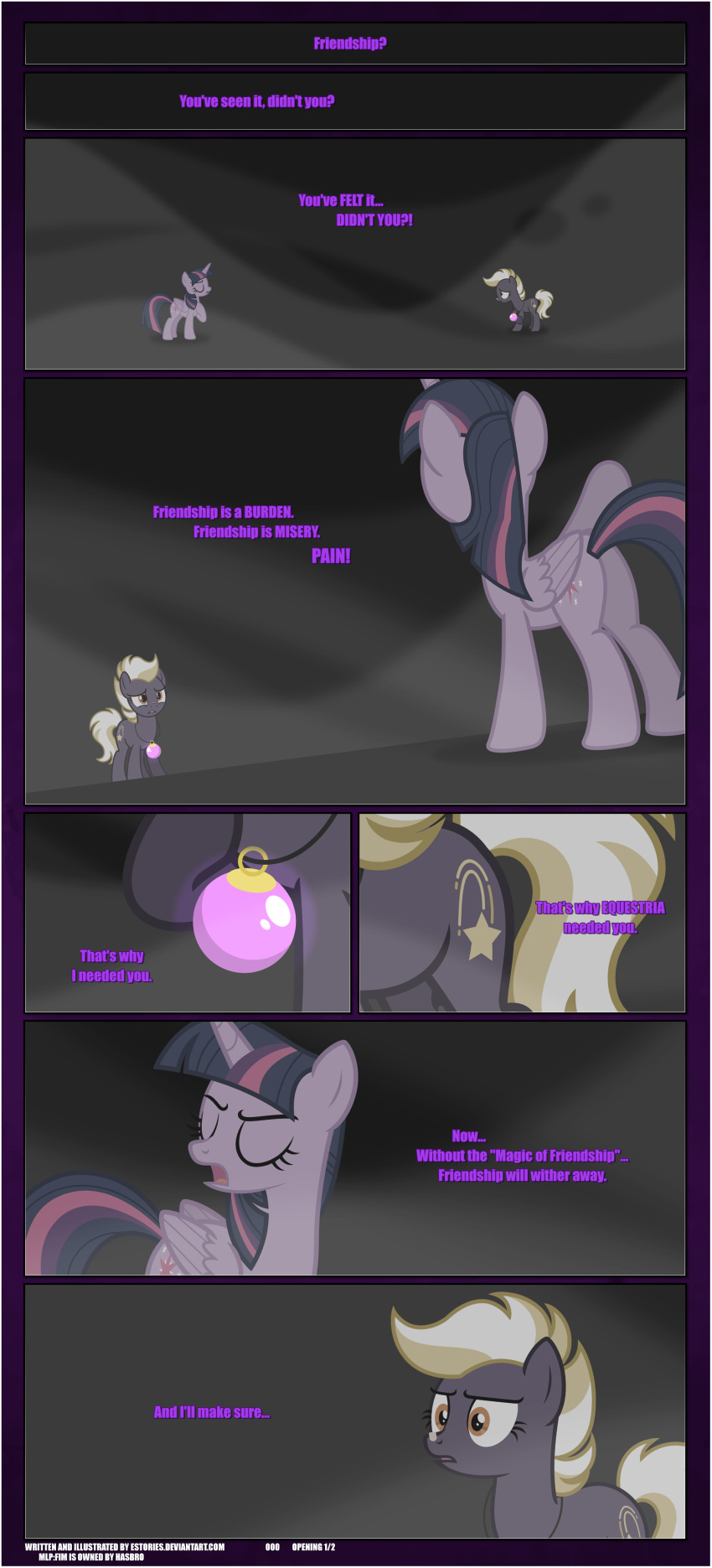 absurd_res bangs black_background black_border border butt cutie_mark dialogue duo ears_down ears_up earth_pony equid equine estories eyes_closed female feral friendship_is_magic grey_background hasbro hi_res hooves horn horse jewelry mammal my_little_pony necklace open_mouth orb pivoted_ears pony raised_hoof simple_background twilight_sparkle_(mlp) wildheart_(estories) winged_unicorn wings