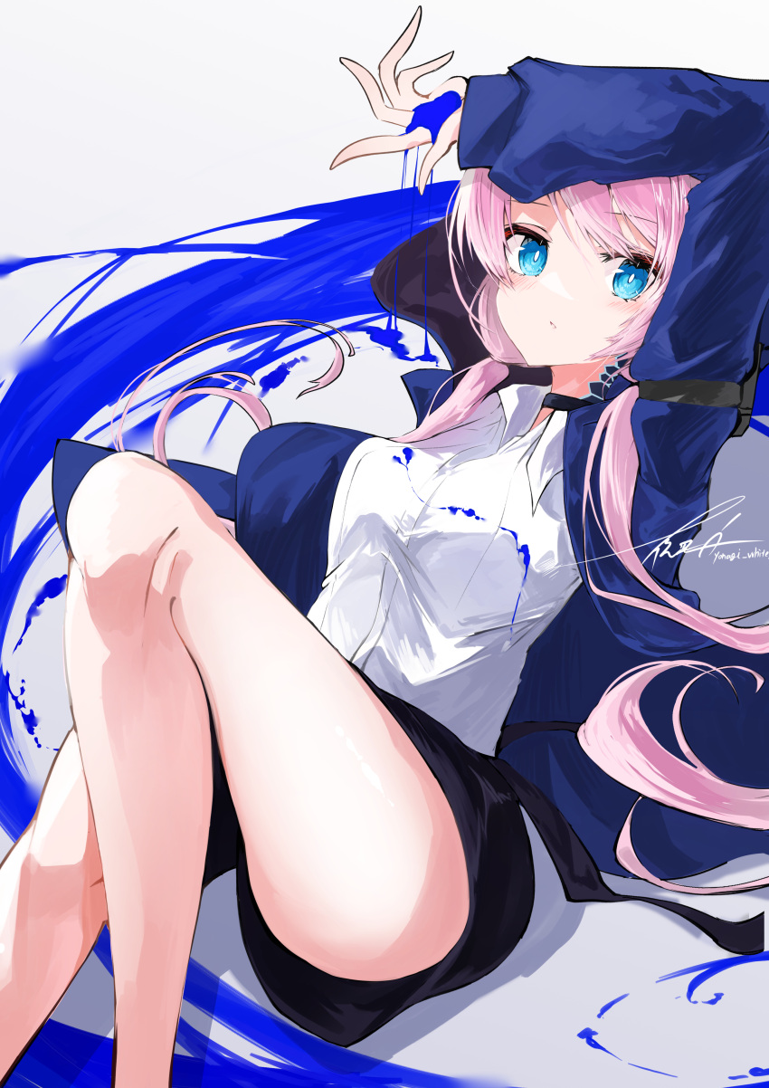 1girl absurdres arknights arm_above_head arm_over_head artist_name ass black_collar black_ribbon black_shorts blue_eyes blue_jacket blue_poison_(arknights) blush breasts bright_pupils collar collared_shirt feet_out_of_frame highres hood hooded_jacket jacket knee_up long_hair long_sleeves looking_at_viewer lying medium_breasts on_back open_clothes open_collar open_jacket paint paint_on_clothes parted_lips pink_hair ribbon shirt shorts signature sleeve_garter solo twintails white_pupils white_shirt yonagi_white