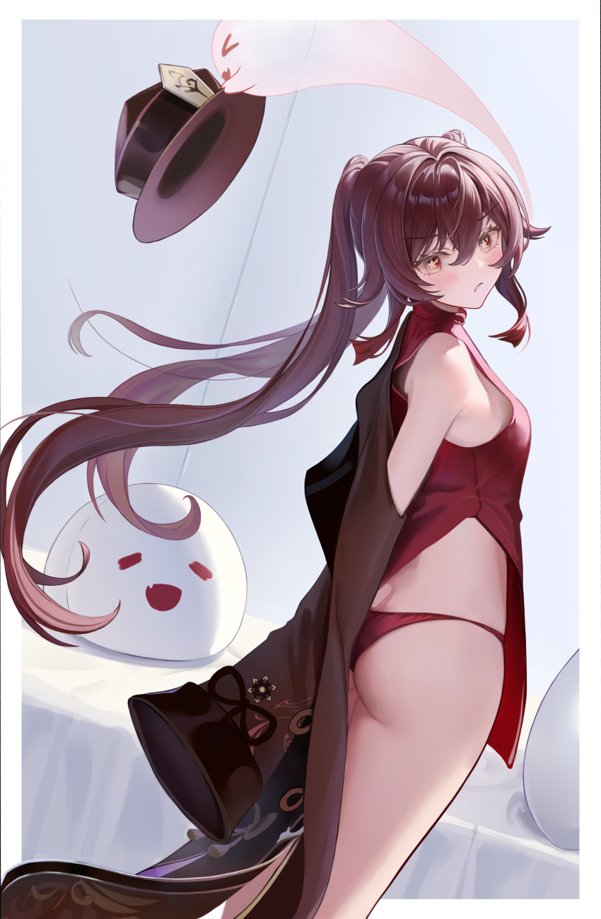 1girl absurdres ass blush boo_tao_(genshin_impact) border breasts brown_hair brown_headwear flower-shaped_pupils genshin_impact hair_between_eyes highres hu_tao_(genshin_impact) long_hair long_sleeves open_clothes panties red_eyes red_panties red_shirt shirt sidelocks sleeveless sleeveless_shirt small_breasts symbol-shaped_pupils thighs ttkaki twintails underwear very_long_hair white_border