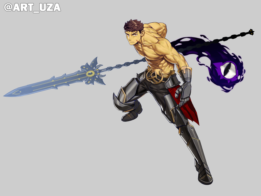 1boy abs bara dark-skinned_male dark_skin fighting_stance frown full_body gauntlets highres holding holding_polearm holding_weapon huge_weapon large_pectorals legs_apart looking_at_viewer male_focus monocle monster muscular muscular_male navel no_nipples original pectorals polearm scar scar_on_cheek scar_on_face serious short_hair solo spirit thick_eyebrows uza_(hellme) weapon