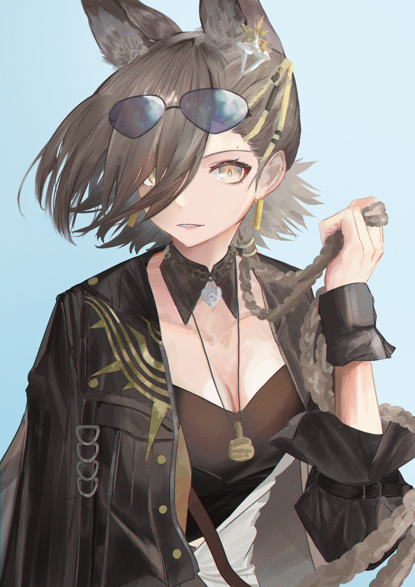 1girl absurdres ambience_synesthesia animal_ear_fluff animal_ears arknights black_jacket black_wrist_cuffs blue_background braid breasts brown_hair cleavage commentary detached_collar earrings eyewear_on_head highres hrk_(dxez4457) jacket jewelry leaning_forward leather leather_jacket long_hair medium_breasts mole_above_eye open_clothes open_jacket penance_(arknights) simple_background solo sunglasses swept_bangs tinted_eyewear upper_body wolf_ears wolf_girl wrist_cuffs yellow_eyes