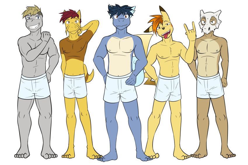 anthro anthrofied boxers_(clothing) boxers_only clothed clothing cubone devil_horns_(gesture) fuze generation_1_pokemon gesture grin group hi_res kadabra male navel nintendo nipples onix pikachu pokemon pokemon_(species) pokemorph simple_background smile tongue tongue_out topless underwear underwear_only wartortle white_background