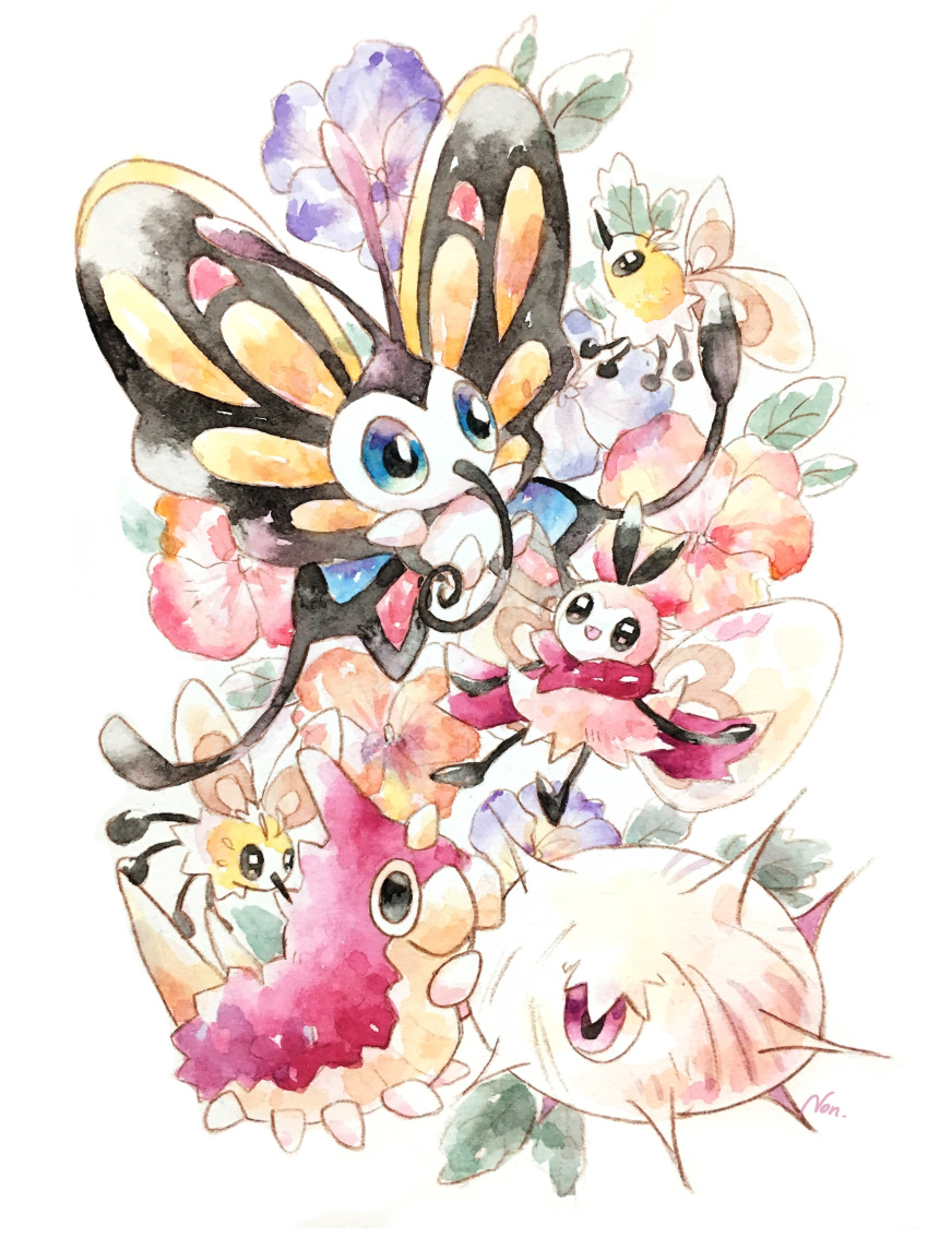 absurdres alternate_color beautifly black_eyes blue_eyes bug butterfly cutiefly flower highres no_humans non_(kumakawayusu) open_mouth pink_eyes pokemon pokemon_(creature) purple_flower red_flower ribombee shiny_pokemon signature silcoon simple_background traditional_media white_background wurmple