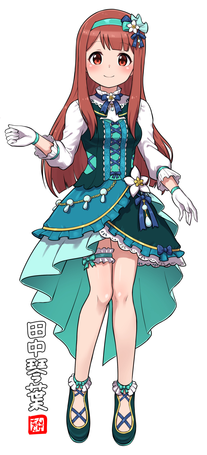 1girl absurdres blue_bow blush bow brown_eyes brown_hair dress flower green_dress hair_flower hair_ornament hairband highres idol_clothes idolmaster idolmaster_million_live! jacket long_hair looking_at_viewer ngetyan open_mouth red_eyes skirt smile tanaka_kotoha