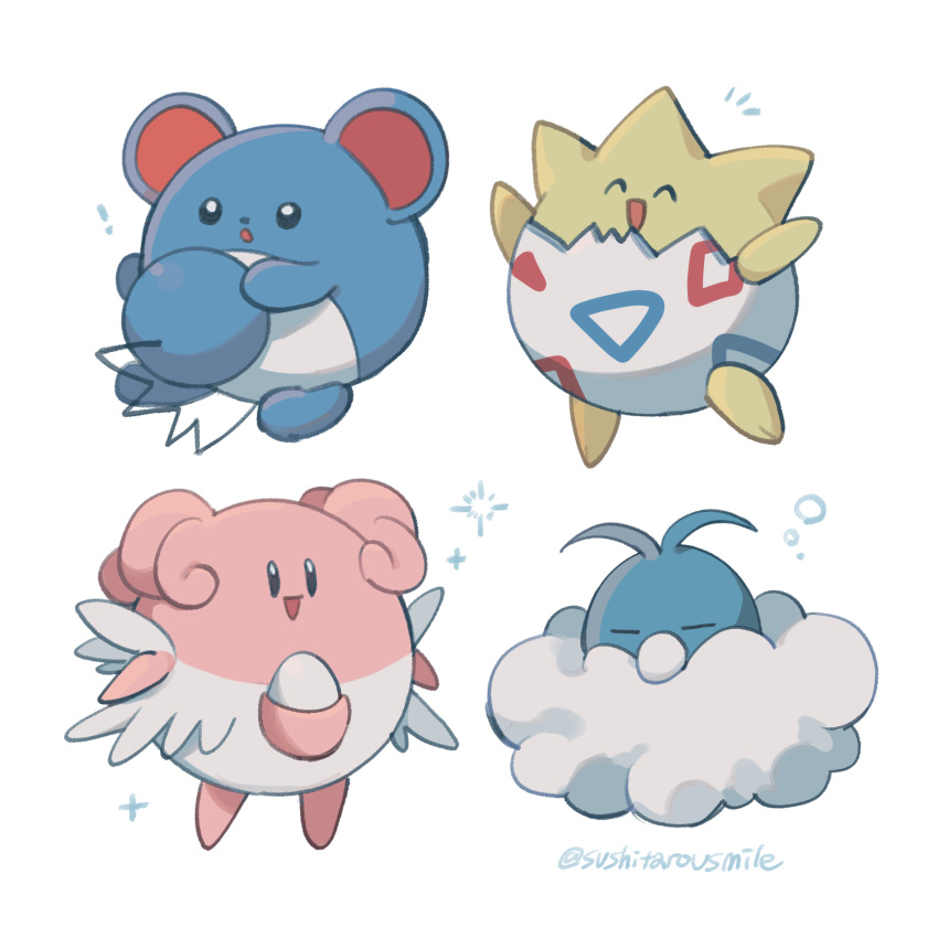 :d :o ^_^ arms_up black_eyes blissey closed_eyes egg full_body happy highres looking_at_viewer marill no_humans open_mouth pokemon pokemon_(creature) simple_background sleeping smile sushitarou swablu togepi twitter_username white_background white_wings wings