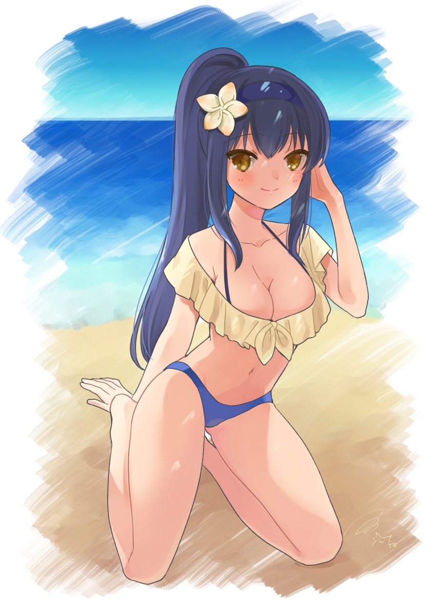 1girl absurdres alternate_costume alternate_hairstyle arm_behind_back arm_support ass_visible_through_thighs bare_shoulders barefoot beach bikini black_hair black_hairband blue_bikini blush border breasts cleavage closed_mouth collarbone commentary commission curvy day eyes_visible_through_hair flower full_body hair_between_eyes hair_flower hair_ornament hairband halterneck hand_up highres kushima_kamome large_breasts long_hair looking_at_viewer may_salamanya navel ocean outdoors ponytail seiza sidelocks signature sitting skeb_commission smile solo stomach straight_hair summer_pockets swimsuit thighs very_long_hair white_border yellow_eyes yellow_flower