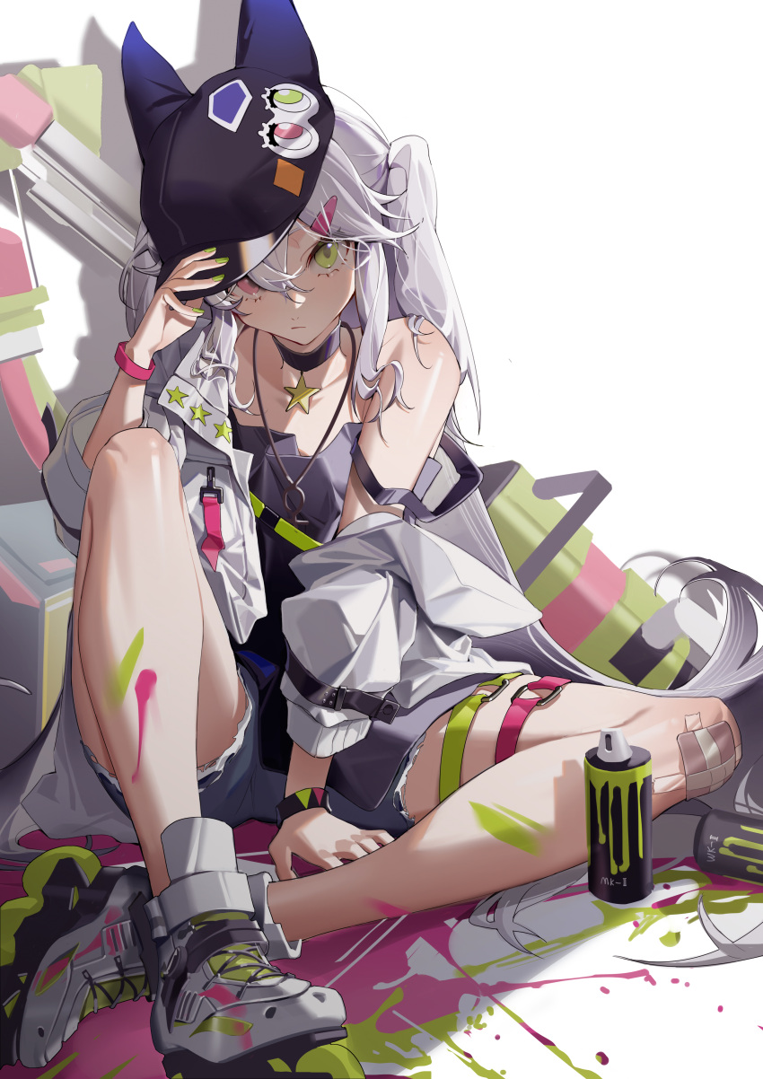 1girl absurdres banxsy_(girls'_frontline_nc) black_headwear bracelet choker closed_mouth commentary_request full_body girls'_frontline girls'_frontline_neural_cloud green_eyes green_nails grey_shorts grey_tank_top hair_ornament hairclip hand_on_ground hand_on_headwear heterochromia highres inline_skates jacket jewelry knee_up long_hair long_sleeves looking_at_viewer multiple_thigh_straps necklace on_ground open_clothes open_jacket paint_on_body paint_splatter pink_eyes roller_skates shionagi_(sana) shorts single_bare_shoulder sitting skates solo spray_can spray_paint star_(symbol) star_choker strap_slip tank_top torn_clothes torn_shorts white_background white_footwear white_hair white_jacket