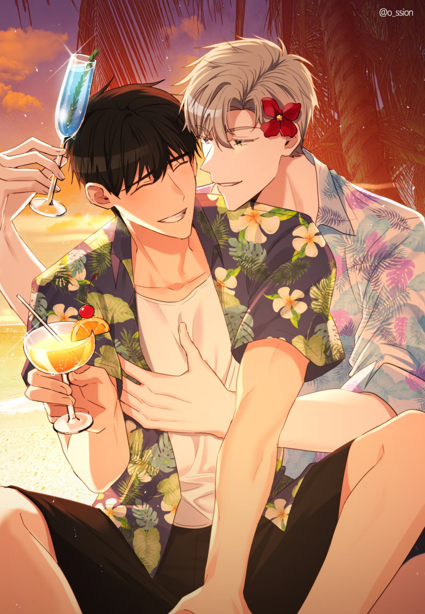 2boys absurdres alcohol beach black_shorts closed_eyes cloud cocktail_glass collared_shirt cup drinking_glass floral_print flower flower_on_head hawaiian_shirt highres hug hug_from_behind ilay_riegrow jeong_taeui male_focus multiple_boys o_ssion ocean open_clothes palm_tree passion_(manhwa) red_flower sand shirt short_hair shorts smile summer sunset tree white_shirt yaoi