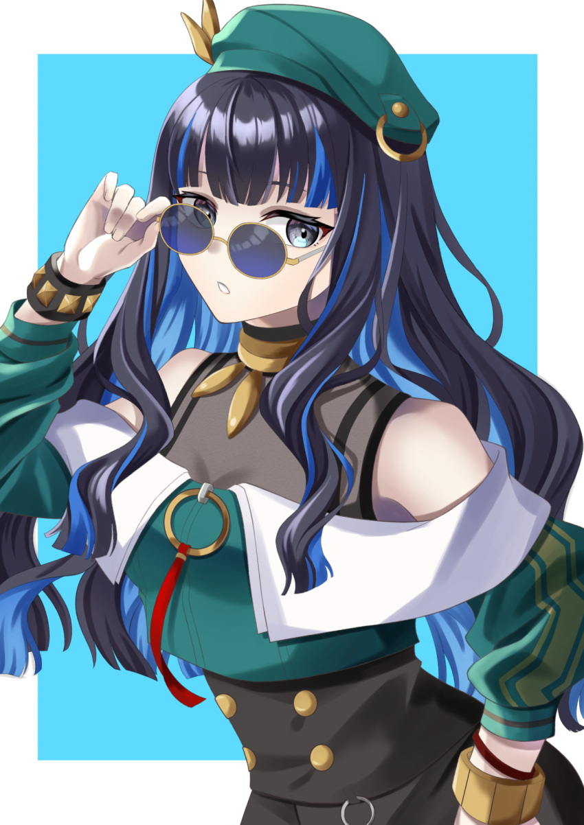 1girl bare_shoulders beret black_hair black_shorts blue_hair bracelet breasts buttons colored_inner_hair double-breasted fate/grand_order fate_(series) green_headwear green_jacket grey_eyes hat highres jacket jewelry long_hair long_sleeves looking_at_viewer multicolored_hair neck_ring o-ring off_shoulder round_eyewear sakura_kaoru_04 shorts sidelocks small_breasts solo sunglasses tenochtitlan_(fate) wavy_hair zipper