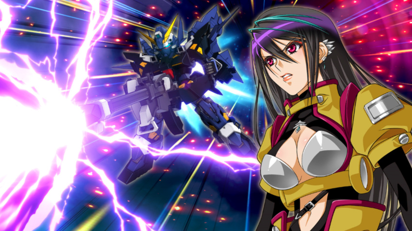 1girl black_hair breasts cannon clothing_cutout ear_ornament g-impact_cannon game_cg green_hair highres holding_cannon huckebein_mk_ii looking_to_the_side mecha medium_breasts non-web_source red_eyes robot shizuki_shizukawa super_robot_wars super_robot_wars_dd super_robot_wars_original_generation thrusters