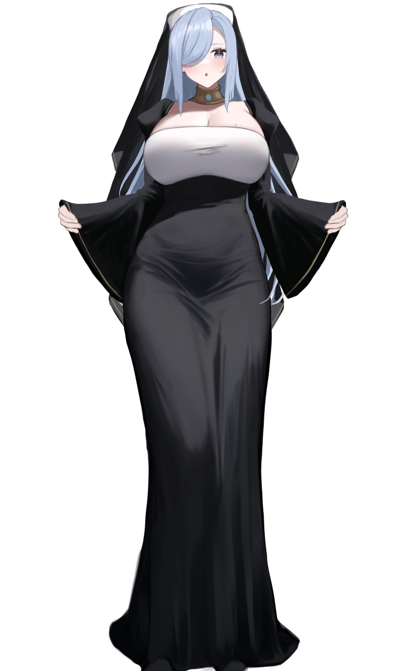 1girl absurdres black_dress blue_eyes blue_hair breasts catholic cleavage commentary_request dress framed_breasts full_body genshin_impact habit hair_over_one_eye highres huge_breasts long_sleeves looking_at_viewer nun shenhe_(genshin_impact) simple_background solo white_background wide_sleeves ym-1