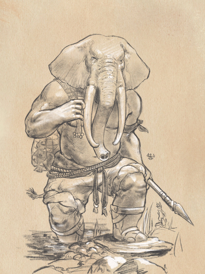 2023 anthro belt biceps boots bottomwear clothing elephant elephantid fisherman fishnet footwear hi_res holding_fish holding_net male mammal manly melee_weapon monochrome musclegut muscular net neungsonie pants pecs polearm proboscidean rolled_up_pants rope rope_belt sepia sketch slightly_chubby solo spear standing triceps tusks weapon