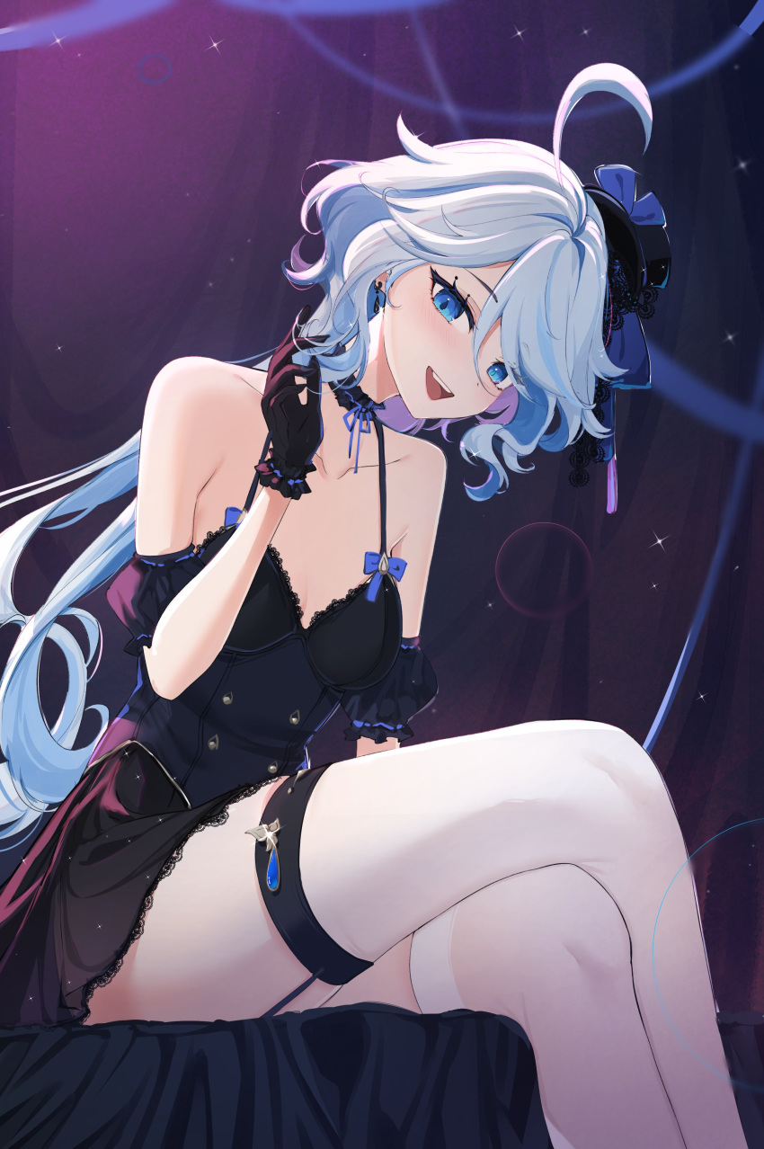 1girl :d absurdres ahoge alternate_costume black_choker black_gloves blue_eyes choker collarbone commentary_request drop-shaped_pupils duplicate feint721 frilled_choker frills furina_(genshin_impact) garter_straps genshin_impact gloves hair_between_eyes heterochromia highres leaning_forward long_hair looking_at_viewer low_twintails mismatched_pupils multicolored_hair pixel-perfect_duplicate sidelocks simple_background sitting sleeveless smile solo spaghetti_strap streaked_hair thighhighs twintails two-tone_hair wavy_hair white_hair white_thighhighs