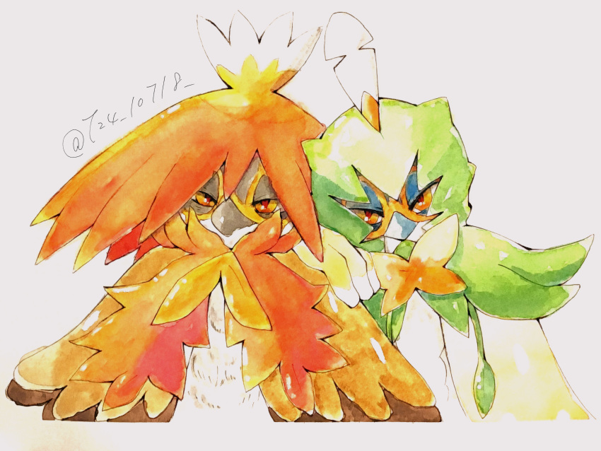 absurdres angry animal_focus bird closed_mouth decidueye feather_hair half-closed_eyes hand_on_another's_shoulder heads_together highres hisuian_decidueye leaning_on_person long_eyelashes looking_at_viewer no_humans owl painting_(medium) pokemon pokemon_(creature) red_pupils signature simple_background traditional_media watercolor_(medium) white_background yellow_eyes zeyn5483