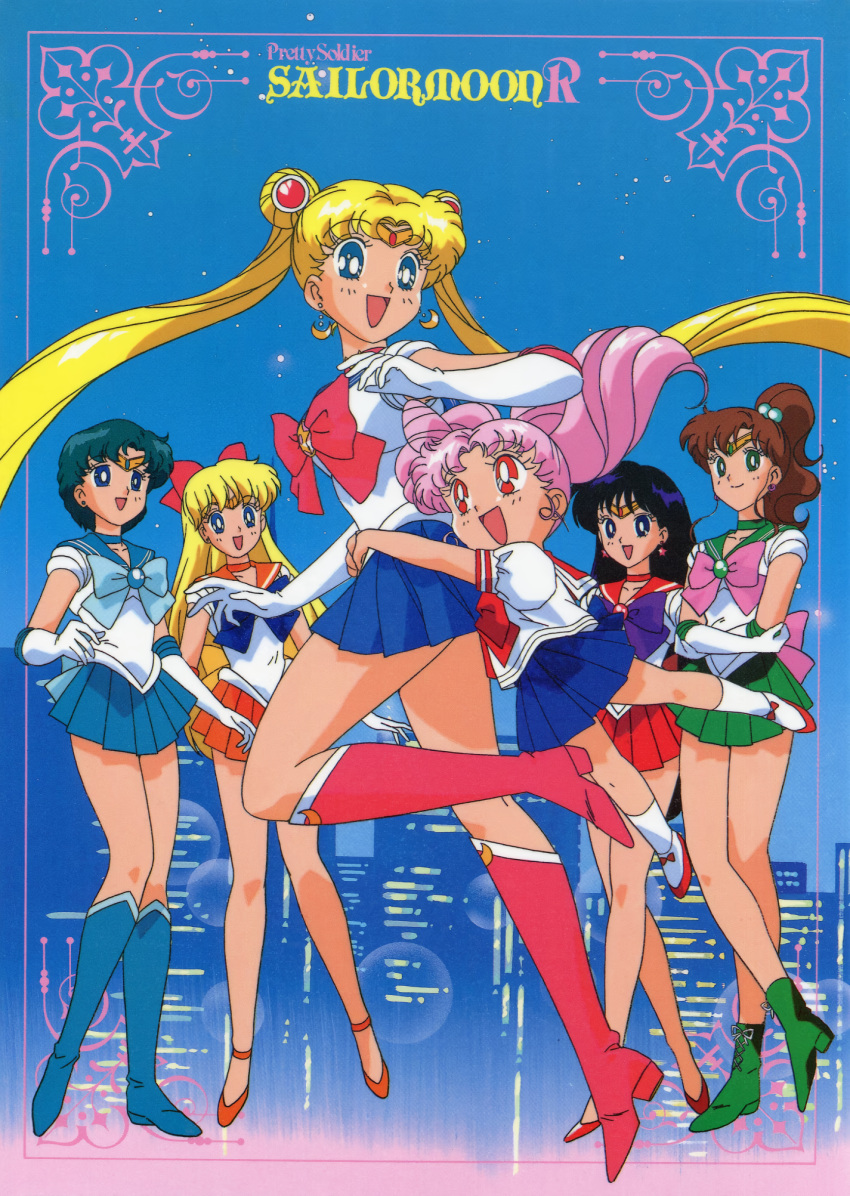 1990s_(style) 6+girls aino_minako bishoujo_senshi_sailor_moon black_eyes black_hair blonde_hair blue_eyes blue_hair blue_skirt boots bow brown_hair chibi_usa city cone_hair_bun copyright_name crescent crescent_earrings cross-laced_footwear crossed_arms double_bun earrings elbow_gloves floating_hair gloves green_eyes green_skirt hair_bobbles hair_bow hair_bun hair_ornament high_heels high_ponytail highres hino_rei hug hug_from_behind jewelry kino_makoto knee_boots long_hair mizuno_ami multiple_girls non-web_source official_art open_mouth orange_skirt pink_hair pleated_skirt puffy_sleeves pumps red_eyes red_skirt retro_artstyle sailor_jupiter sailor_mars sailor_mercury sailor_moon sailor_senshi_uniform sailor_venus school_uniform short_hair skirt smile strappy_heels tadano_kazuko tiara tsukino_usagi twintails