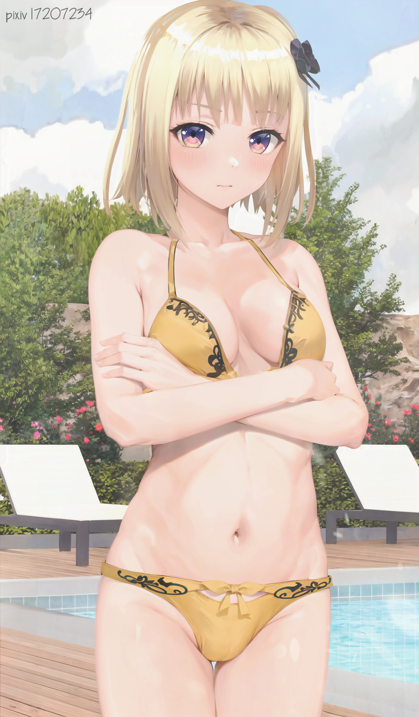 1girl acer1234040 bikini black_bow blonde_hair blue_sky blush bob_cut bow bow_bikini breasts bush cleavage closed_mouth cloud cloudy_sky commentary cowboy_shot crossed_arms day frown hair_bow halterneck highres looking_at_viewer medium_breasts navel original outdoors pixiv_id pool red_eyes short_hair sky solo standing swimsuit thigh_gap yellow_bikini