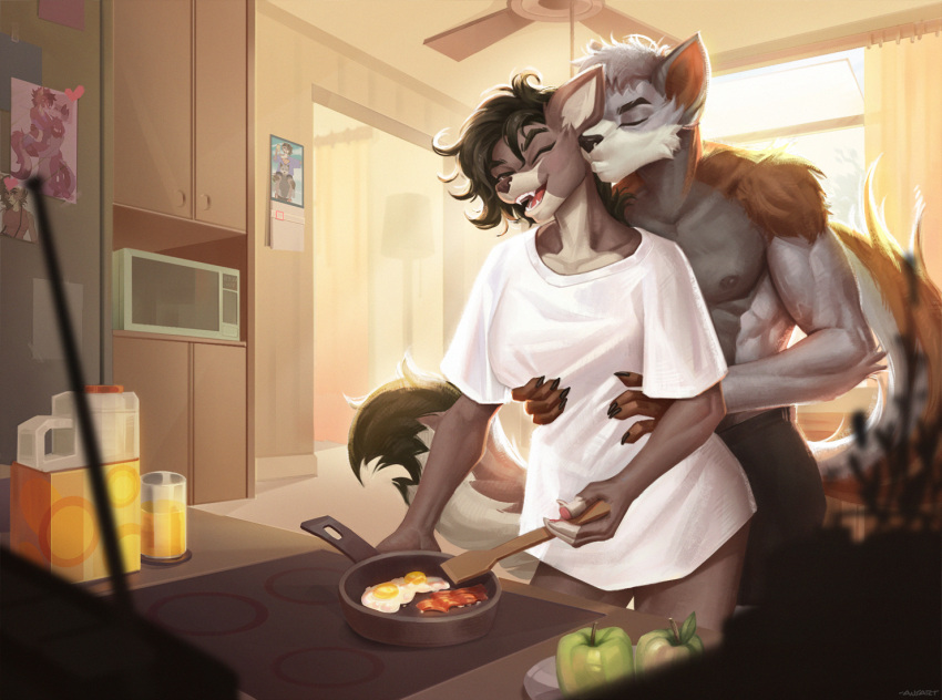 abs ansart anthro arcori bacon baggy_clothing black_hair bottomless bottomwear breakfast brown_body brown_fur canid canine canis clothed clothing cooking detailed_background digital_media_(artwork) duo egg embrace female food fur grey_body grey_fur hair hug kissing kitchen male mammal meat morning muscular muscular_anthro muscular_male nipples oversized_shirt shirt shirt_only short_hair shorts shorts_only smile standing topwear topwear_only wolf zoe_(arcori)