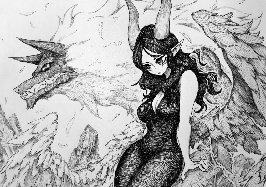 1boy 1girl absurdres breasts chronozbergh cleavage commentary dragon dress feathered_wings graphite_(medium) greyscale hatching_(texture) highres horns lady_echo long_dress medium_breasts monochrome sipho_(wakfu) sitting traditional_media wakfu wavy_hair wings