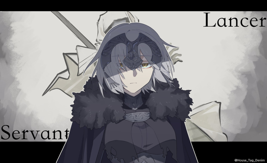 1girl armor black_dress breasts cloak closed_mouth dress expressionless fate/samurai_remnant fate_(series) frown grey_hair headpiece highres house_tag_denim jeanne_d'arc_alter_(fate) large_breasts polearm twitter_username weapon yellow_eyes