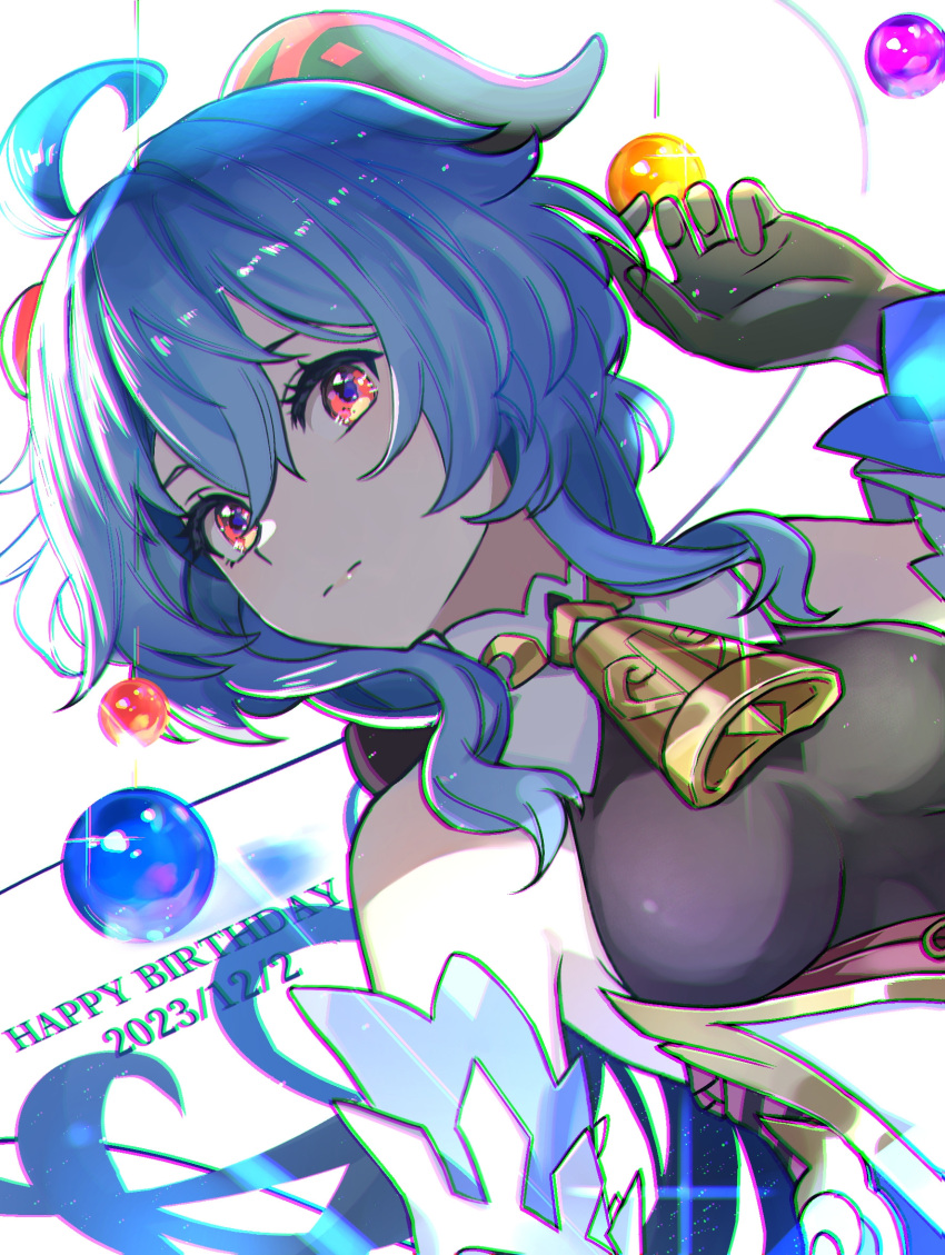 1girl ahoge bell black_gloves blue_hair bodystocking breasts chromatic_aberration closed_mouth cowbell ganyu_(genshin_impact) genshin_impact gloves goat_horns gold_trim hair_between_eyes hand_up happy_birthday highres horns long_hair looking_at_viewer lying marble_(toy) medium_breasts neck_bell on_back red_eyes sidelocks solo upper_body white_background white_sleeves ya_danhuang