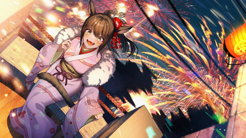 1girl animal_ears brown_eyes brown_hair cat_ears cat_tail cluseller dutch_angle facial_mark final_fantasy final_fantasy_xiv fireworks flower hair_flower hair_ornament japanese_clothes kimono long_hair looking_at_viewer miqo'te night obi open_mouth ponytail sash solo tail warrior_of_light_(ff14) whisker_markings wide_sleeves