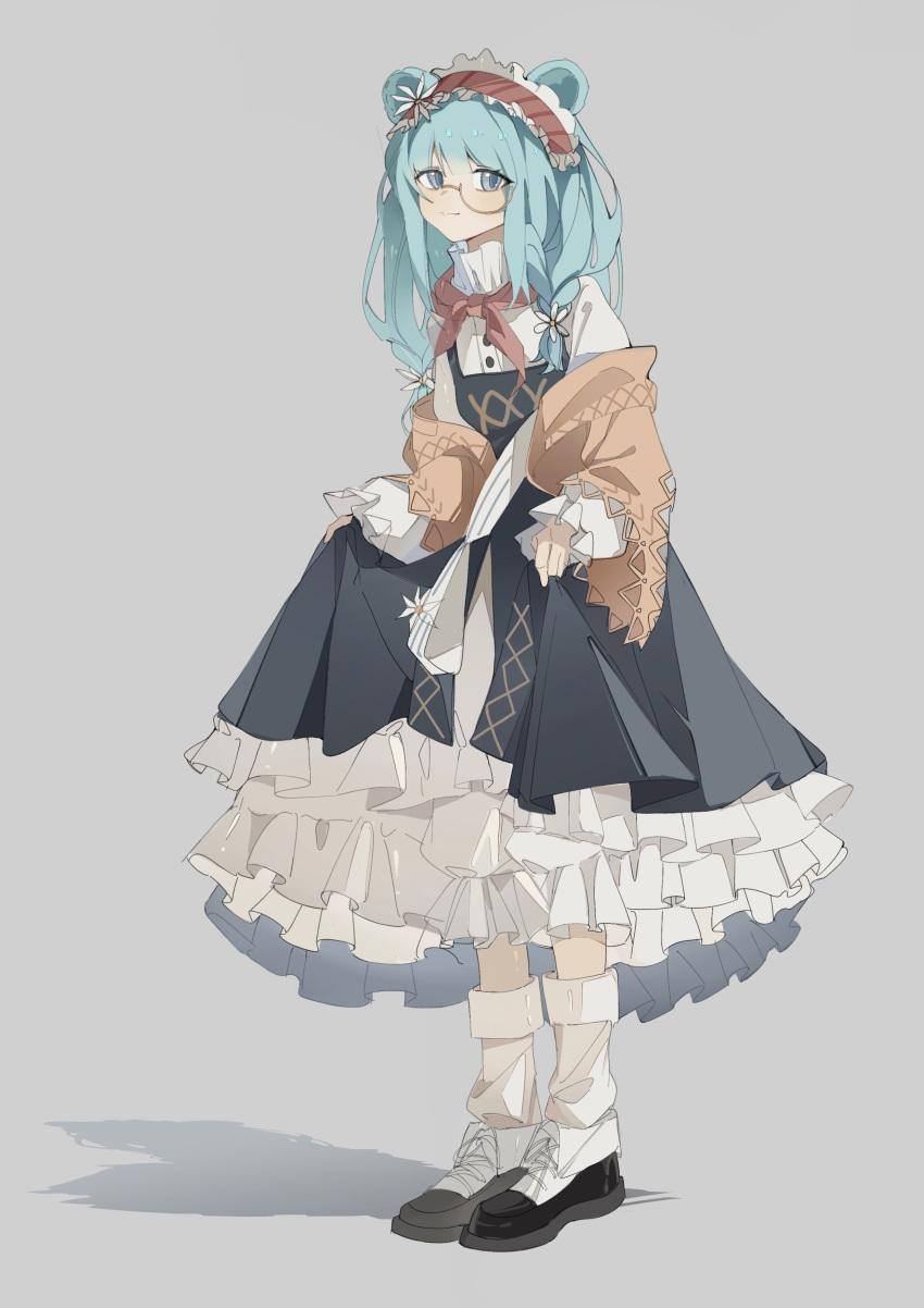 1girl absurdres animal_ears aqua_hair arknights bangs bear_ears bear_girl black_dress black_footwear bloomers blue_eyes chaoyugan closed_mouth commentary_request dress flower frilled_hairband frills full_body grey_background hairband highres istina_(arknights) istina_(bibliosmia)_(arknights) long_hair long_sleeves looking_at_viewer monocle neckerchief official_alternate_costume red_hairband red_neckerchief sarafan shoes simple_background skirt_hold smile socks solo striped striped_hairband underwear white_bloomers white_dress white_flower white_socks