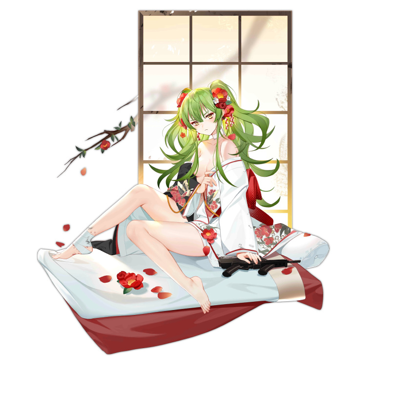 1girl animal_print bahao_diqiu bandaged_ankle bandaged_neck bandages barefoot blanket branch breasts butterfly_print calico_m950 closed_mouth feet fingernails floral_print flower flower_request full_body futon girls'_frontline green_hair hair_flower hair_ornament highres japanese_clothes kimono large_breasts legs light_frown long_hair looking_at_viewer m950a_(girls'_frontline) m950a_(the_elegance_of_tea_is_undefeated_by_the_snow)_(girls'_frontline) multiple_torii off_shoulder official_alternate_costume official_art pillow shouji simple_background sitting sliding_doors solo toenails toes torii transparent_background twintails weapon_on_floor white_kimono yellow_eyes