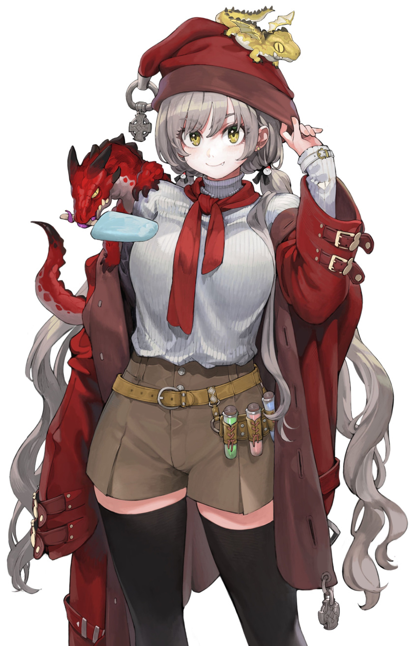 1girl absurdres arm_at_side bangs belt black_thighhighs breasts brown_belt brown_shorts closed_mouth coat cowboy_shot creature_on_head dragon fang grey_hair hand_up hat highres ice_cream_bar jun_(seojh1029) long_hair long_sleeves looking_at_viewer low_twintails medium_breasts open_clothes open_coat original red_coat red_headwear shorts simple_background sleeves_past_fingers sleeves_past_wrists solo standing sweater thighhighs turtleneck turtleneck_sweater twintails very_long_hair vial western_dragon white_background white_sweater yellow_eyes