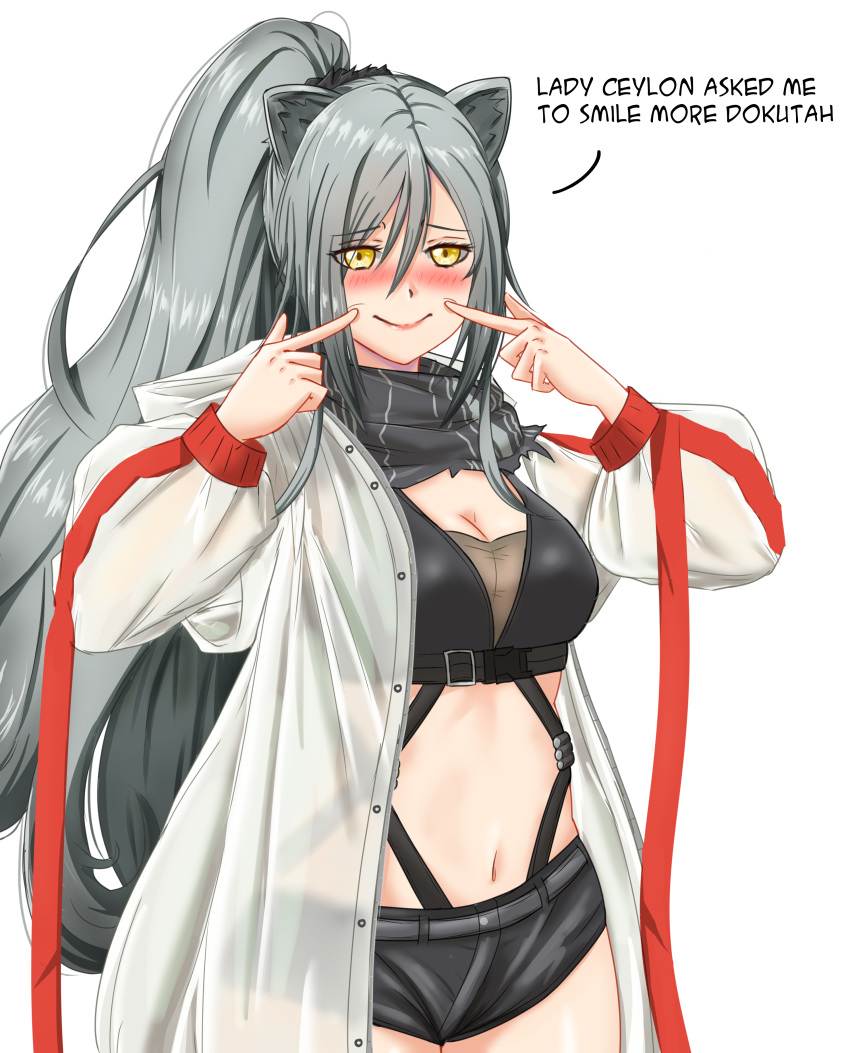 1girl absurdres animal_ears arknights black_scarf black_shorts blush breasts cat_ears cleavage commentary cowboy_shot crop_top english_commentary grey_hair hair_between_eyes hands_up highres jacket large_breasts long_hair long_sleeves looking_at_viewer midriff navel open_clothes open_jacket scarf schwarz_(arknights) short_shorts shorts smile solo standing stomach symmetricturd very_long_hair white_jacket yellow_eyes